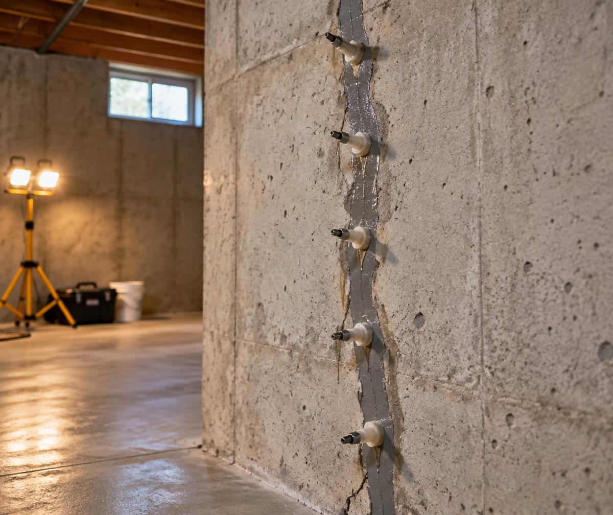 Foundation wall crack prepared for professional injection repair