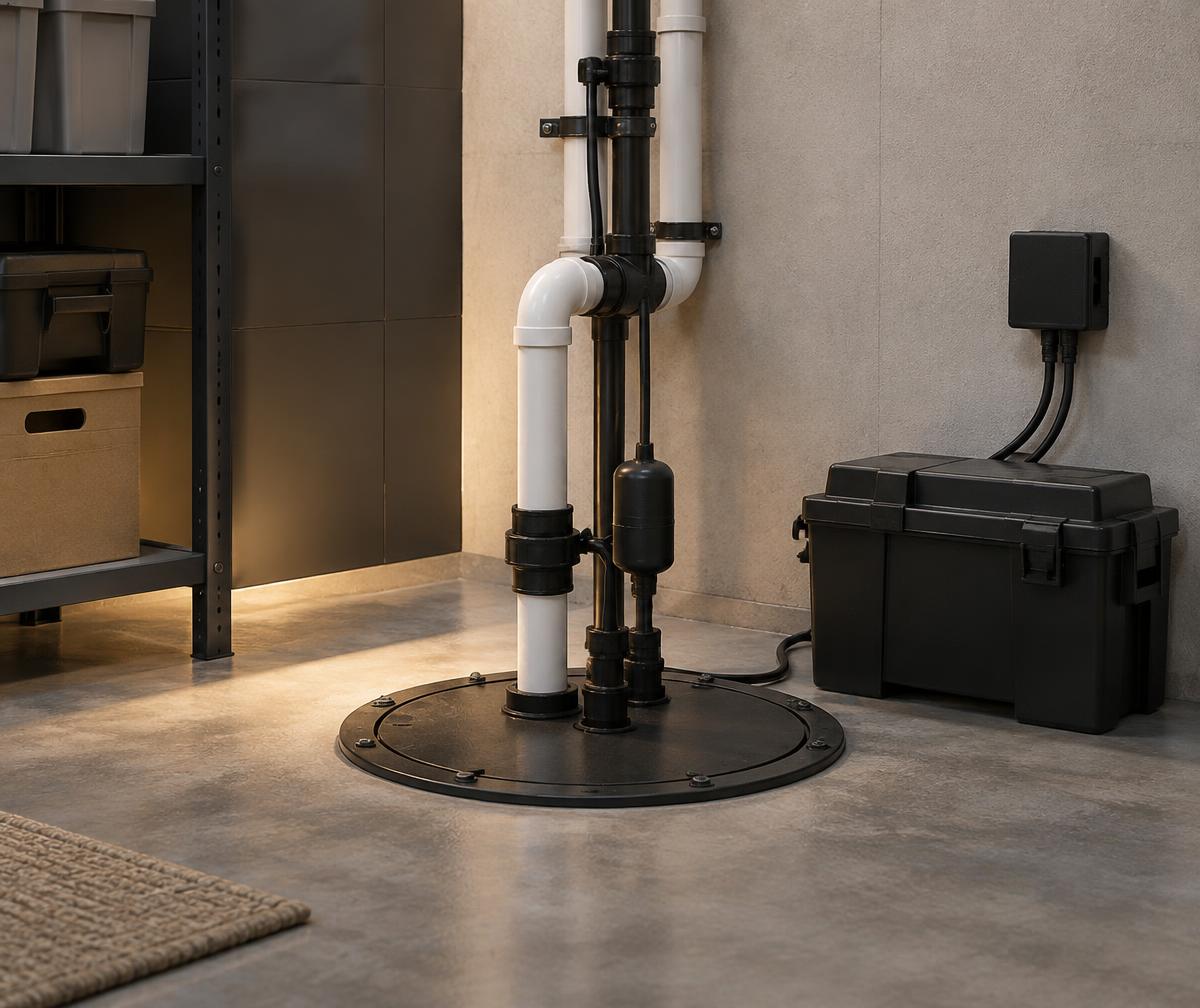 Sealed sump pump and battery backup system in a clean basement
